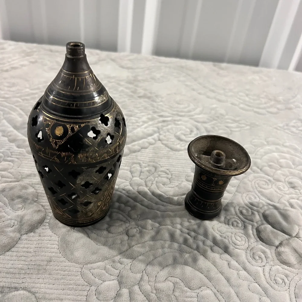 Vintage Persian Etched Brass Floor Lamp Black Gold Floral Tall Decorative Stand